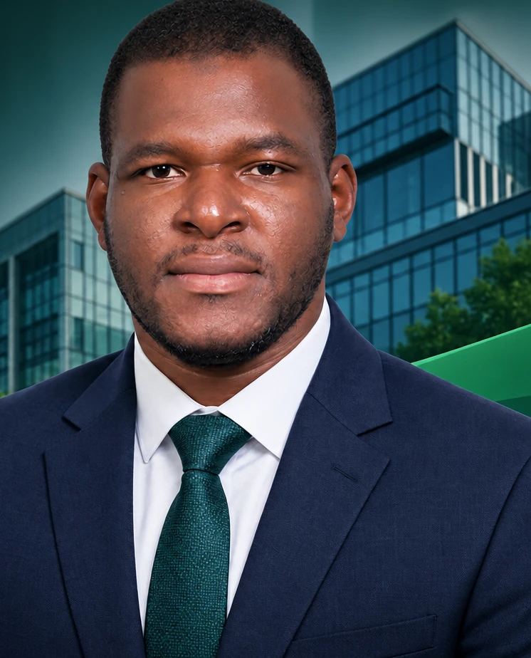 Professional portrait of Yahaya Hassan Labaran in a navy suit against a contemporary architectural setting